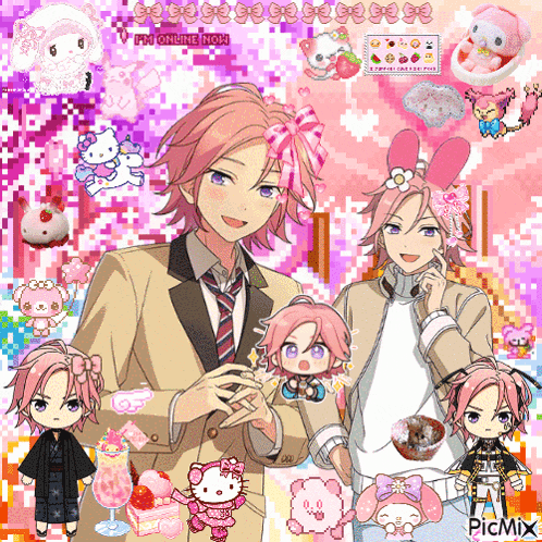 a boy with pink hair is surrounded by hello kitty and my melody dolls