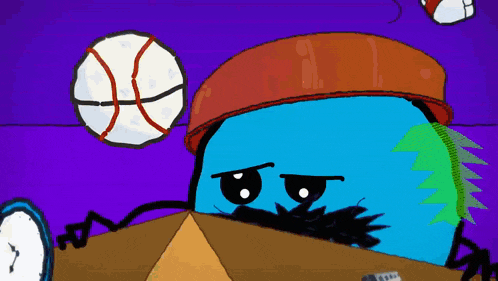 a cartoon character with a basketball on its head