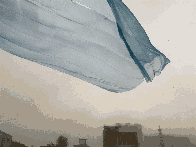 a blue cloth is blowing in the wind in front of a city skyline