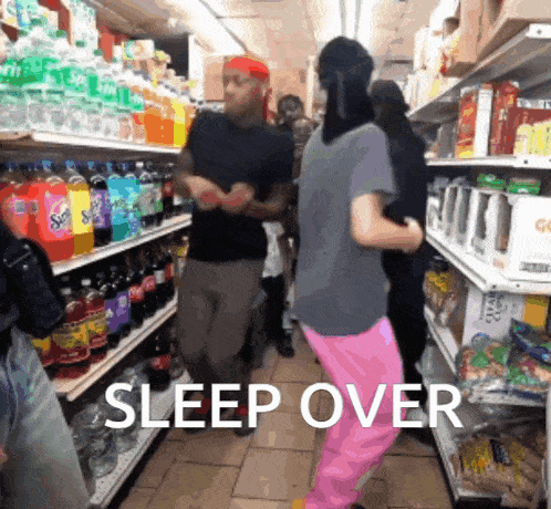 a group of people are dancing in a grocery store with the words sleep over written in the corner