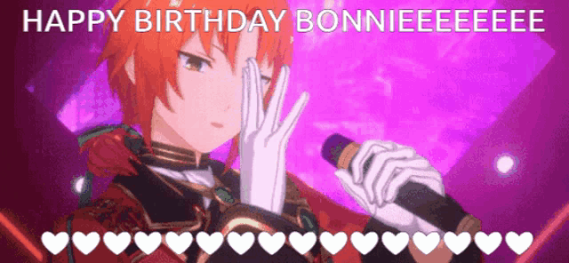 a cartoon character holding a microphone with the words happy birthday bonnieeeeee