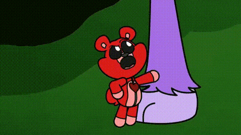 a cartoon red teddy bear is standing next to a purple animal .