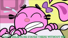 a pink cartoon character is crying with the words " cant believe he stayed there without me "