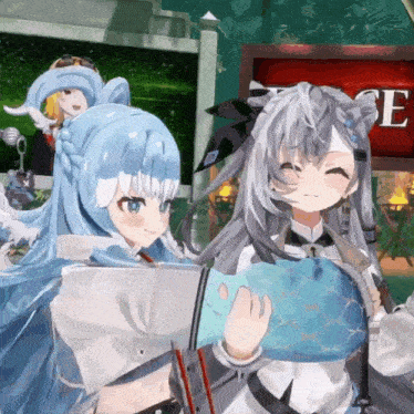 two anime girls are standing next to each other in front of a sign that says e