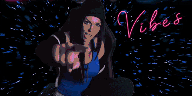 a woman is pointing at the camera with a neon sign that says vibes behind her