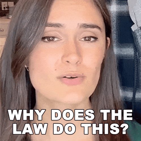 a woman says " why does the law do this " in white letters
