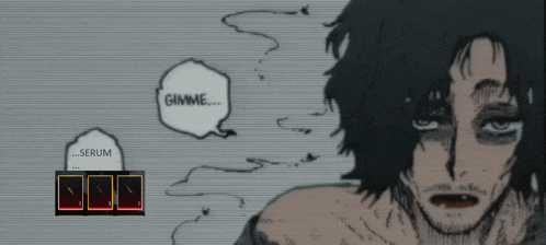 a man with a speech bubble that says gimme serum
