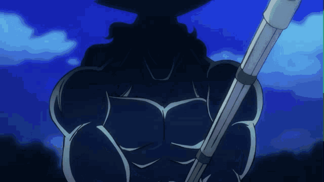 a cartoon character without a shirt is holding a spear
