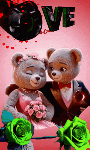 a couple of teddy bears standing next to each other with the word love in the background