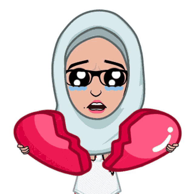 a cartoon of a woman wearing a hijab holding two broken hearts