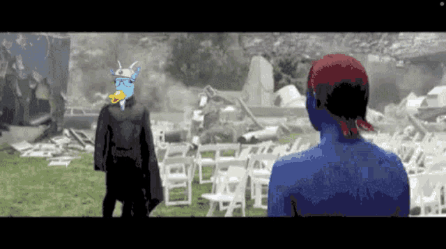 a man with a duck on his head stands next to a woman with a blue body