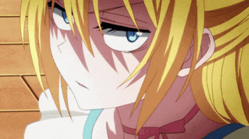 a girl with blonde hair and blue eyes is wearing a pink choker