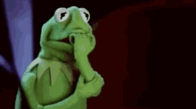 kermit the frog is holding his hand to his mouth and looking at the camera .
