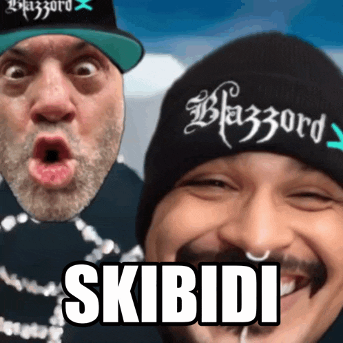 two men are posing for a picture and one is wearing a beanie that says blazzard