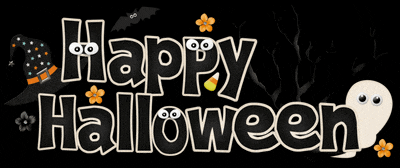 a sign that says happy halloween with a bat and a ghost