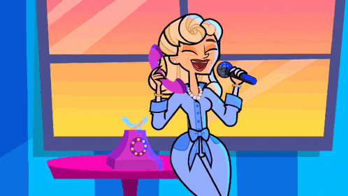 a cartoon of a woman singing into a microphone while talking on a telephone