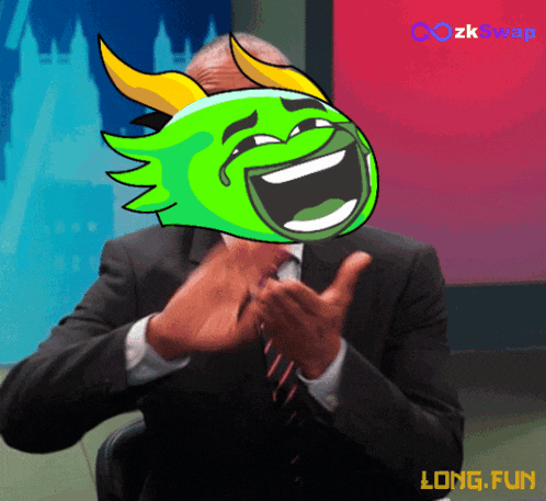 a man in a suit and tie with a green laughing face on his face and the words long fun on the bottom