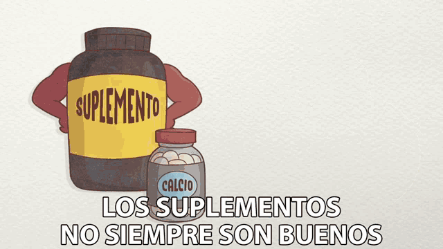 a cartoon drawing of a bottle of suplemento next to a bottle of calcio