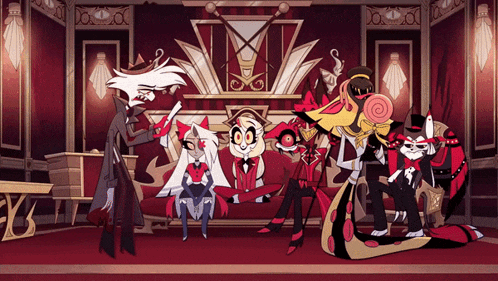 a group of cartoon characters are standing in a room