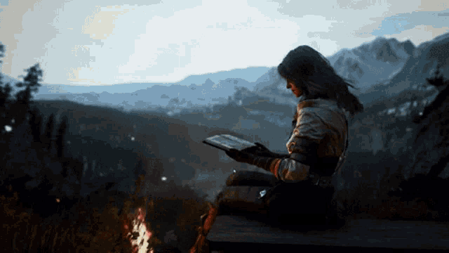 a woman is sitting on a bench reading a book
