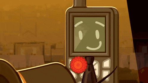 a cartoon drawing of a cell phone with a face on it