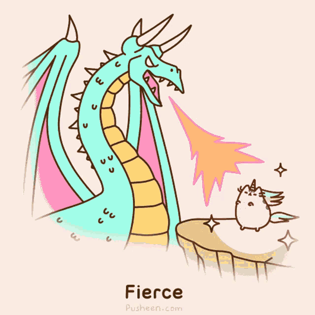 a cartoon drawing of a dragon and a unicorn with the word fierce on the bottom