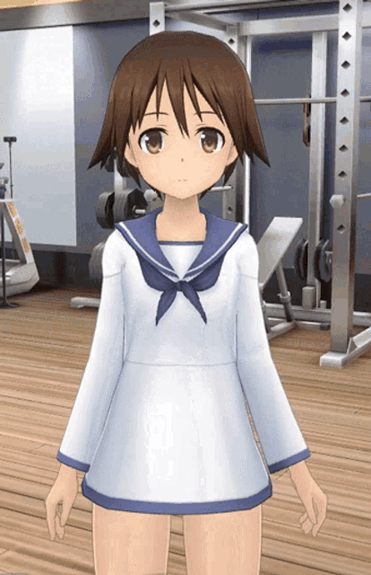 a girl in a sailor outfit stands in front of a gym equipment