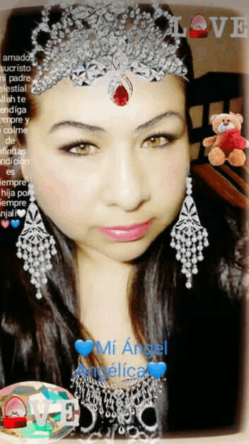 a woman wearing a tiara and earrings is surrounded by love messages
