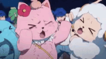 a pink cat and a white sheep are standing next to each other in a crowd .