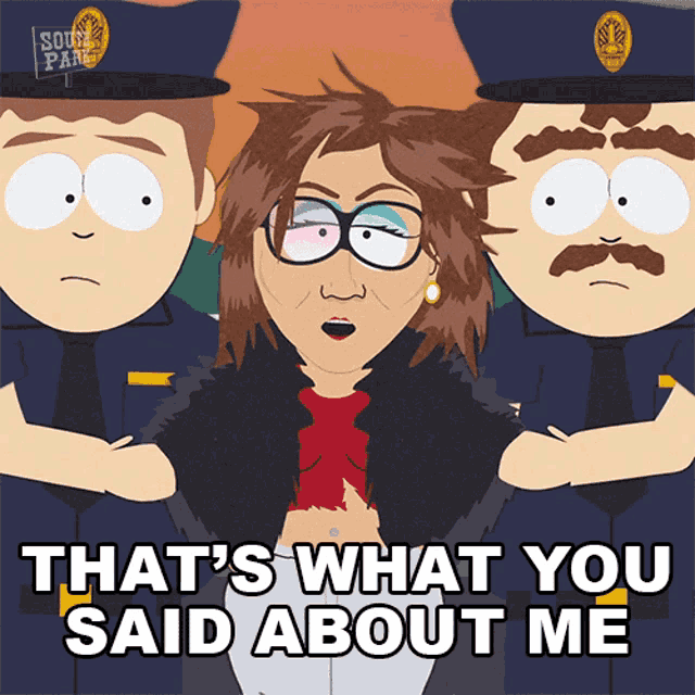 a south park cartoon of a woman being arrested by two police officers