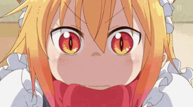 a close up of a girl with orange hair and red eyes