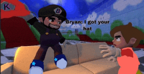 a cartoon character says bryan i got your hat while standing on a couch