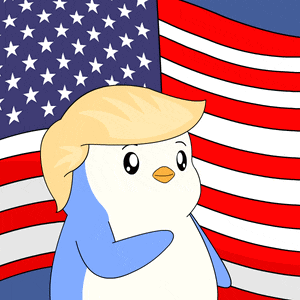 a cartoon penguin wearing a trump wig is waving in front of a large american flag