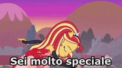a cartoon of sunset shimmer from my little pony laying down with the words sei molto speciale above her