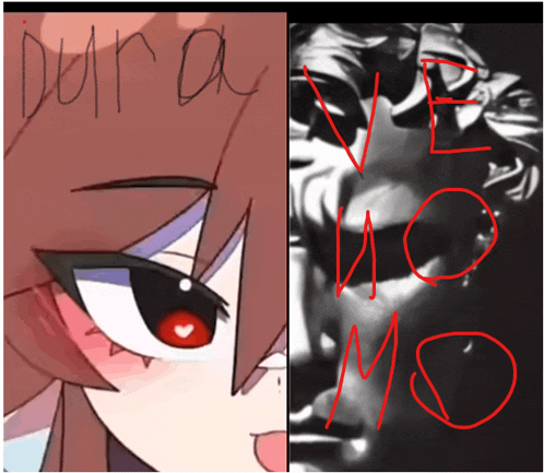 a drawing of a girl with red eyes next to a statue of a man