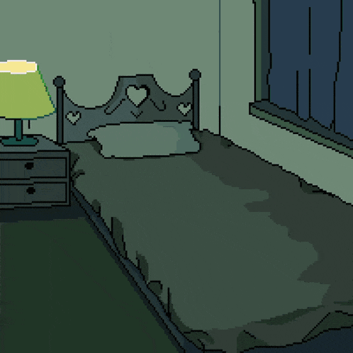 a pixel art drawing of a cartoon character sitting on a bed