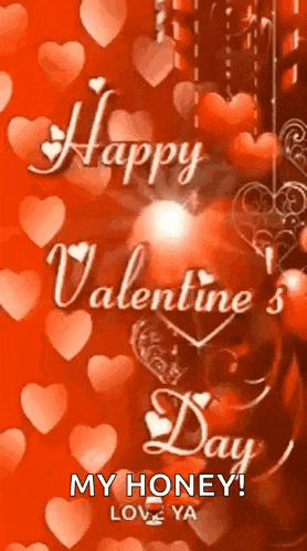 a happy valentine 's day greeting card with red hearts and a candle .