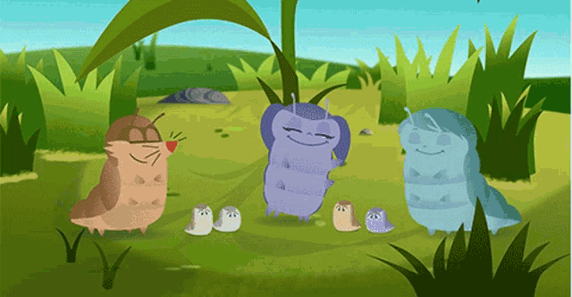 a group of cartoon characters are standing in a grassy area