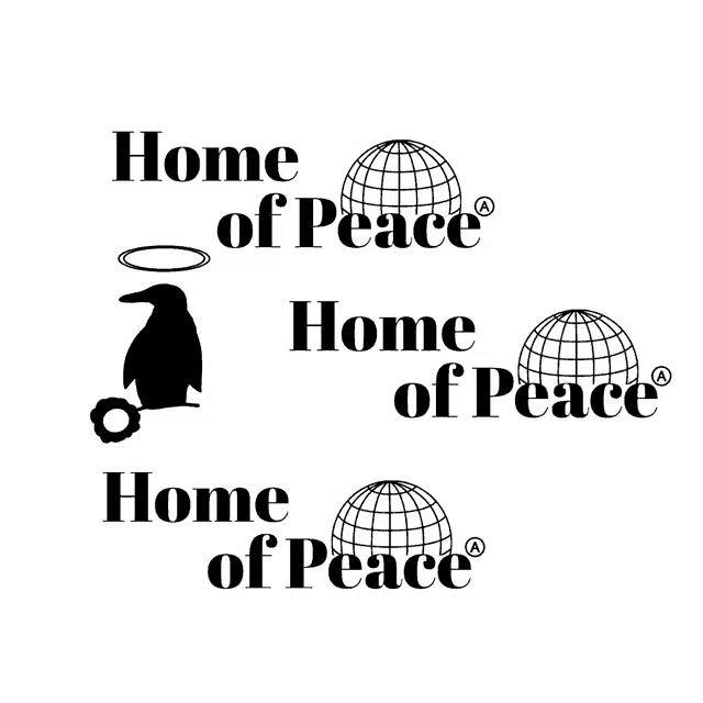 a logo for home of peace with a penguin and a globe