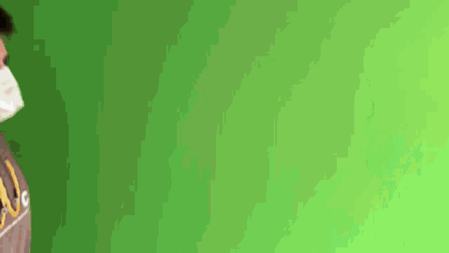 a man wearing a mask is standing in front of a green wall