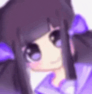 a close up of a purple anime girl with purple eyes and a purple bow .