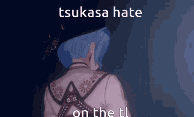 a screenshot of a video game character that says tsukasa hate on the t