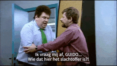 two men are standing next to each other with the words ik vraag mij af guido wie dat hier het slachtoffer is