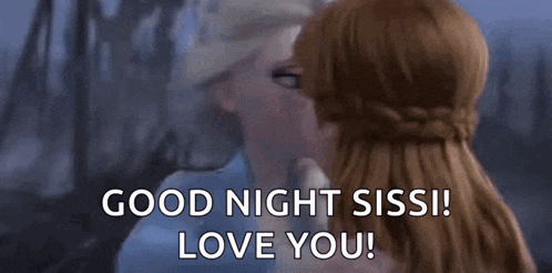 anna and elsa from frozen hugging each other and saying `` good night sissi ! love you ! ''