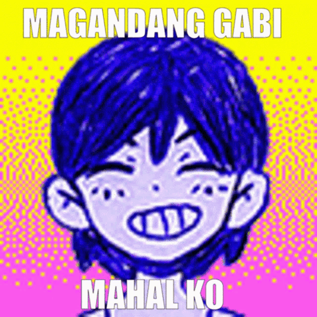 a drawing of a boy with blue hair and the words " magandang gabi mahal ko "