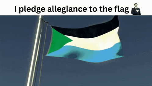 a man in a suit stands next to a flag with the words i pledge allegiance to the flag above it