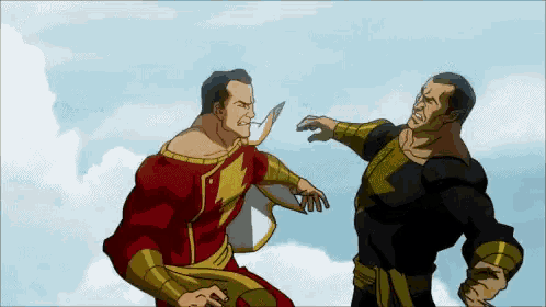 two cartoon characters are fighting each other in the sky