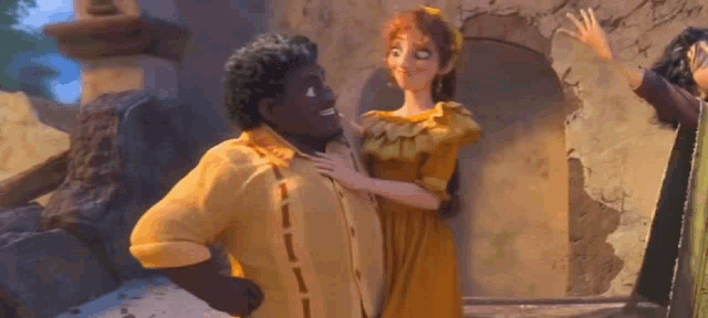 a man in a yellow shirt is hugging a woman in a yellow dress in a cartoon .