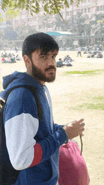 a man with a beard wearing a blue and white sweatshirt stands in a park