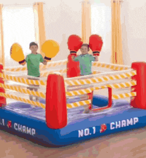 two children are playing in an inflatable boxing ring that says no.1 champ